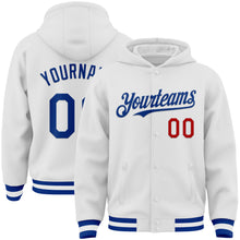 Load image into Gallery viewer, Custom White Royal-Red Bomber Full-Snap Varsity Letterman Hoodie Jacket