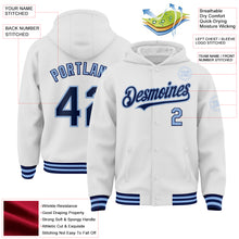 Load image into Gallery viewer, Custom White Navy-Light Blue Bomber Full-Snap Varsity Letterman Hoodie Jacket