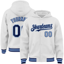 Load image into Gallery viewer, Custom White Navy-Light Blue Bomber Full-Snap Varsity Letterman Hoodie Jacket