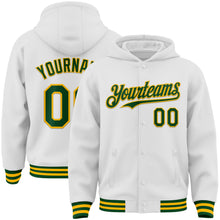 Load image into Gallery viewer, Custom White Green-Gold Bomber Full-Snap Varsity Letterman Hoodie Jacket