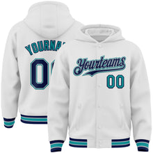 Load image into Gallery viewer, Custom White Navy Gray-Teal Bomber Full-Snap Varsity Letterman Hoodie Jacket