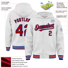 Load image into Gallery viewer, Custom White Red-Royal Bomber Full-Snap Varsity Letterman Hoodie Jacket