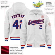 Load image into Gallery viewer, Custom White Royal-Red Bomber Full-Snap Varsity Letterman Hoodie Jacket