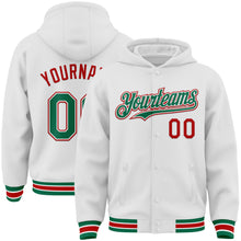 Load image into Gallery viewer, Custom White Kelly Green-Red Bomber Full-Snap Varsity Letterman Hoodie Jacket