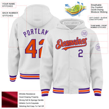 Load image into Gallery viewer, Custom White Orange-Purple Bomber Full-Snap Varsity Letterman Hoodie Jacket