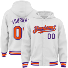Load image into Gallery viewer, Custom White Orange-Purple Bomber Full-Snap Varsity Letterman Hoodie Jacket