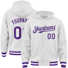 Load image into Gallery viewer, Custom White Purple Bomber Full-Snap Varsity Letterman Hoodie Jacket