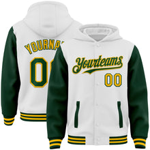 Load image into Gallery viewer, Custom White Green-Gold Bomber Full-Snap Varsity Letterman Two Tone Hoodie Jacket