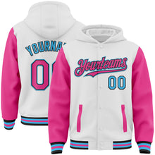 Load image into Gallery viewer, Custom White Pink Black-Sky Blue Bomber Full-Snap Varsity Letterman Two Tone Hoodie Jacket