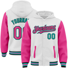 Load image into Gallery viewer, Custom White Pink Black-Aqua Bomber Full-Snap Varsity Letterman Two Tone Hoodie Jacket