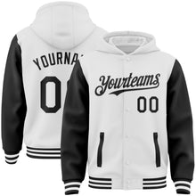Load image into Gallery viewer, Custom White Black Bomber Full-Snap Varsity Letterman Two Tone Hoodie Jacket