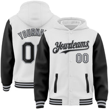 Load image into Gallery viewer, Custom White Black-Gray Bomber Full-Snap Varsity Letterman Two Tone Hoodie Jacket