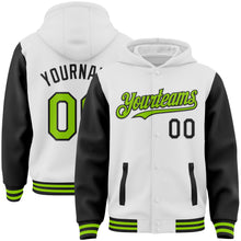 Load image into Gallery viewer, Custom White Neon Green-Black Bomber Full-Snap Varsity Letterman Two Tone Hoodie Jacket