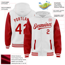 Load image into Gallery viewer, Custom White Red Bomber Full-Snap Varsity Letterman Two Tone Hoodie Jacket