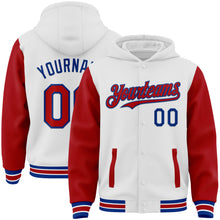 Load image into Gallery viewer, Custom White Red-Royal Bomber Full-Snap Varsity Letterman Two Tone Hoodie Jacket
