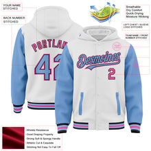 Load image into Gallery viewer, Custom White Light Blue Black-Pink Bomber Full-Snap Varsity Letterman Two Tone Hoodie Jacket