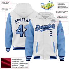 Load image into Gallery viewer, Custom White Light Blue-Navy Bomber Full-Snap Varsity Letterman Two Tone Hoodie Jacket