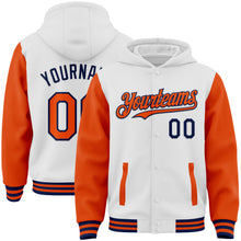 Load image into Gallery viewer, Custom White Orange-Navy Bomber Full-Snap Varsity Letterman Two Tone Hoodie Jacket