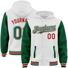 Load image into Gallery viewer, Custom White Kelly Green-Red Bomber Full-Snap Varsity Letterman Two Tone Hoodie Jacket