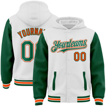 Load image into Gallery viewer, Custom White Kelly Green-Orange Bomber Full-Snap Varsity Letterman Two Tone Hoodie Jacket