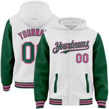 Load image into Gallery viewer, Custom White Kelly Green-Pink Bomber Full-Snap Varsity Letterman Two Tone Hoodie Jacket