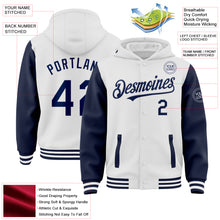 Load image into Gallery viewer, Custom White Navy Bomber Full-Snap Varsity Letterman Two Tone Hoodie Jacket