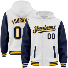 Load image into Gallery viewer, Custom White Navy-Gold Bomber Full-Snap Varsity Letterman Two Tone Hoodie Jacket