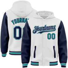 Load image into Gallery viewer, Custom White Navy Gray-Teal Bomber Full-Snap Varsity Letterman Two Tone Hoodie Jacket