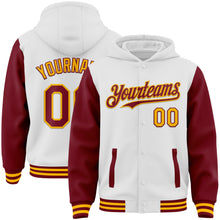 Load image into Gallery viewer, Custom White Crimson-Gold Bomber Full-Snap Varsity Letterman Two Tone Hoodie Jacket