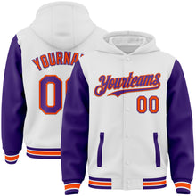 Load image into Gallery viewer, Custom White Purple-Orange Bomber Full-Snap Varsity Letterman Two Tone Hoodie Jacket