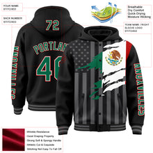 Load image into Gallery viewer, Custom Black Kelly Green Red-Gray Mexico Mexican Flag 3D Bomber Full-Snap Varsity Letterman Hoodie Jacket