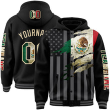 Load image into Gallery viewer, Custom Black Vintage Mexican Flag Cream-Gray Mexico 3D Bomber Full-Snap Varsity Letterman Hoodie Jacket