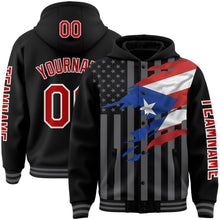 Load image into Gallery viewer, Custom Black Red-Gray Puerto Rico Puerto Rican Flag 3D Bomber Full-Snap Varsity Letterman Hoodie Jacket