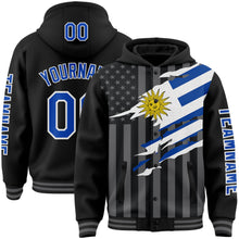 Load image into Gallery viewer, Custom Black Thunder Blue-Gray Uruguay Uruguayan Flag 3D Bomber Full-Snap Varsity Letterman Hoodie Jacket