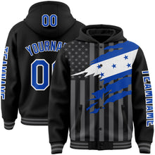 Load image into Gallery viewer, Custom Black Thunder Blue-Gray Honduras Honduran Flag 3D Bomber Full-Snap Varsity Letterman Hoodie Jacket