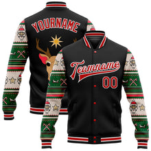 Load image into Gallery viewer, Custom Black Red-White Christmas 3D Bomber Full-Snap Varsity Letterman Jacket