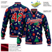 Load image into Gallery viewer, Custom Navy Red-White Christmas 3D Bomber Full-Snap Varsity Letterman Jacket
