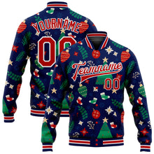 Load image into Gallery viewer, Custom Navy Red-White Christmas 3D Bomber Full-Snap Varsity Letterman Jacket