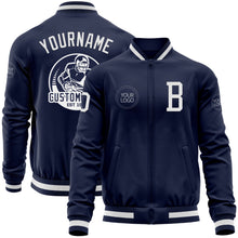 Load image into Gallery viewer, Custom Navy White Bomber Varsity Letterman Zipper Jacket