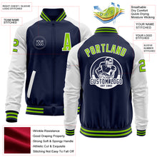 Load image into Gallery viewer, Custom Navy Neon Green-White Bomber Varsity Letterman Two Tone Zipper Jacket