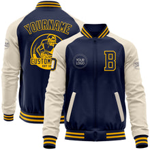Load image into Gallery viewer, Custom Navy Gold-Cream Bomber Varsity Letterman Two Tone Zipper Jacket