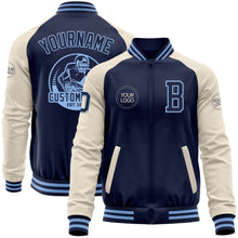 Load image into Gallery viewer, Custom Navy Light Blue-Cream Bomber Varsity Letterman Two Tone Zipper Jacket
