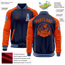 Load image into Gallery viewer, Custom Navy Orange-Light Blue Bomber Varsity Letterman Two Tone Zipper Jacket