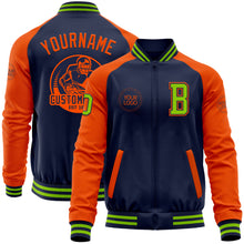 Load image into Gallery viewer, Custom Navy Orange-Neon Green Bomber Varsity Letterman Two Tone Zipper Jacket