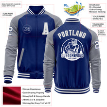 Load image into Gallery viewer, Custom Royal White-Gray Bomber Varsity Letterman Two Tone Zipper Jacket