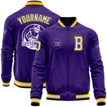 Load image into Gallery viewer, Custom Purple Black-Gold Bomber Varsity Letterman Zipper Jacket