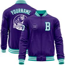Load image into Gallery viewer, Custom Purple White-Aqua Bomber Varsity Letterman Zipper Jacket