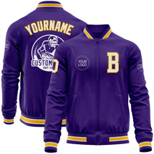 Load image into Gallery viewer, Custom Purple White-Gold Bomber Varsity Letterman Zipper Jacket
