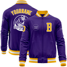 Load image into Gallery viewer, Custom Purple Gold-White Bomber Varsity Letterman Zipper Jacket