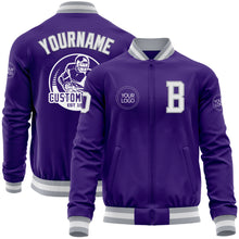 Load image into Gallery viewer, Custom Purple White-Gray Bomber Varsity Letterman Zipper Jacket
